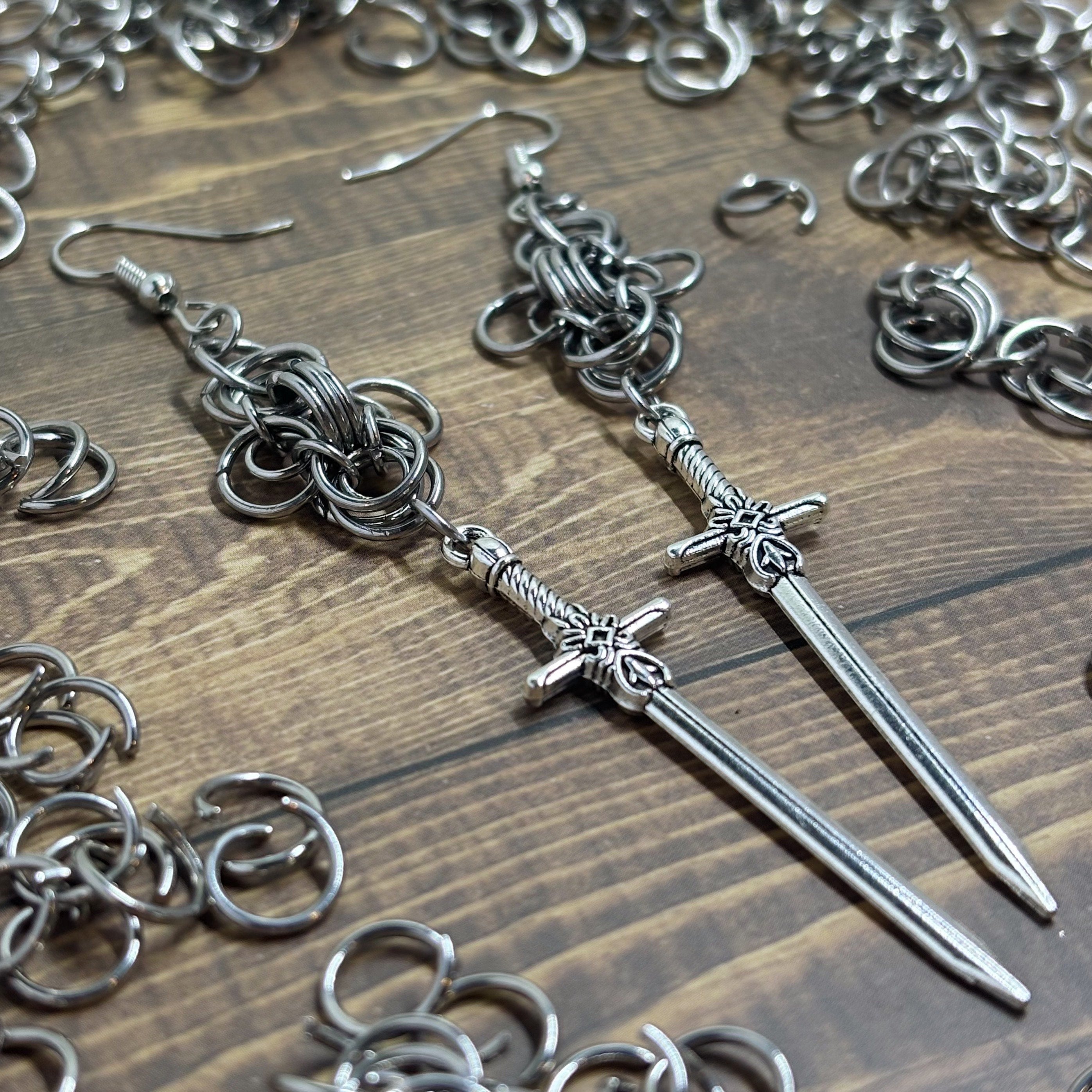 Warrior's Grace - Chainmail & Sword Earrings